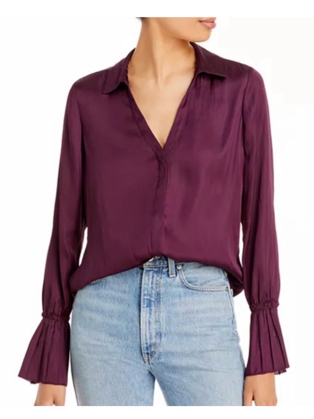 Paige Abriana Satin Purple Button Down Collared Flare Cuff Blouse S